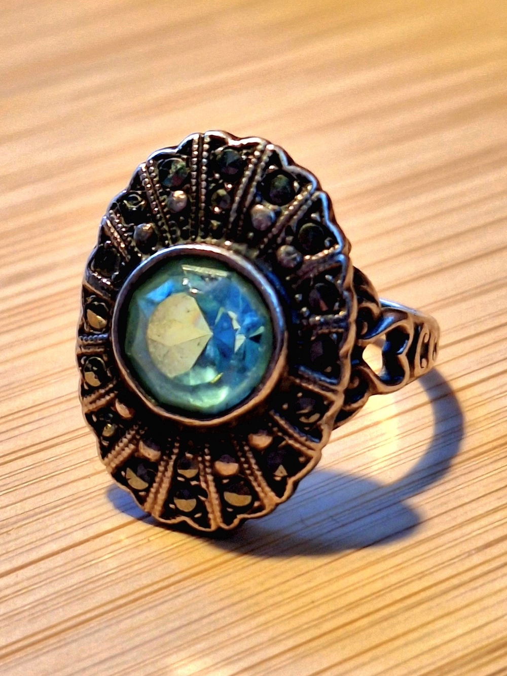 Ornate Uncas Blue Zircon Antique Vintage Sterling Silver Ring Size 7